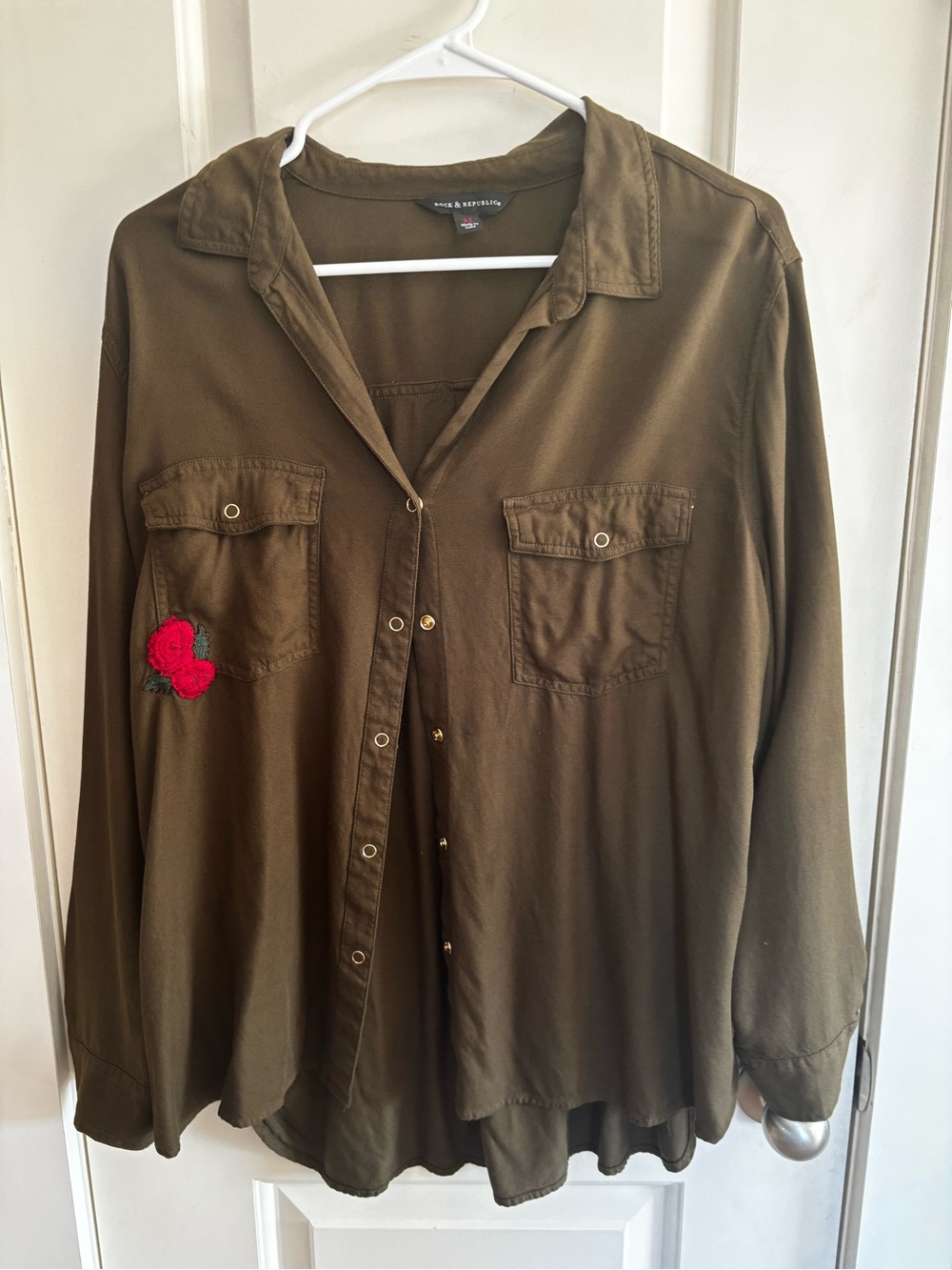 Rock & Republic Olive Green Button-Up Shirt with Red Patch